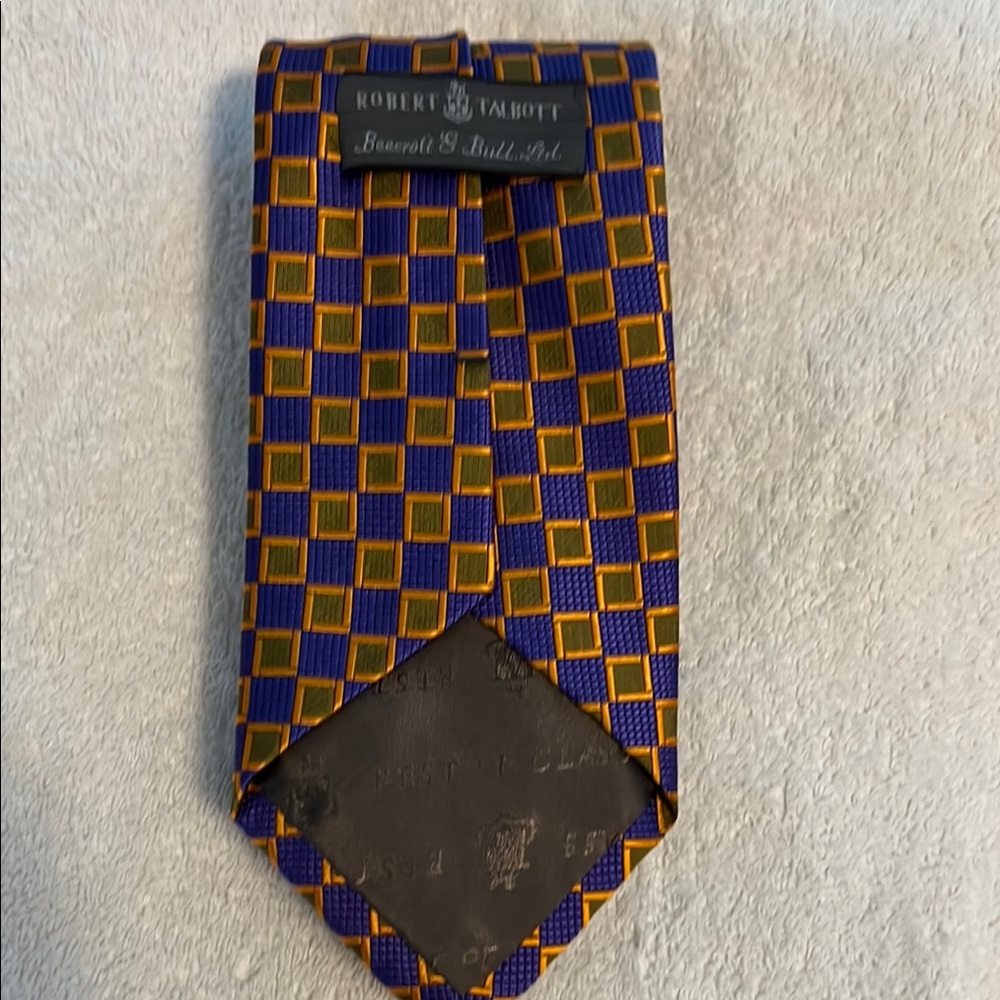 Robert Talbott Blue and Gold Silk Tie with Geometric Pattern